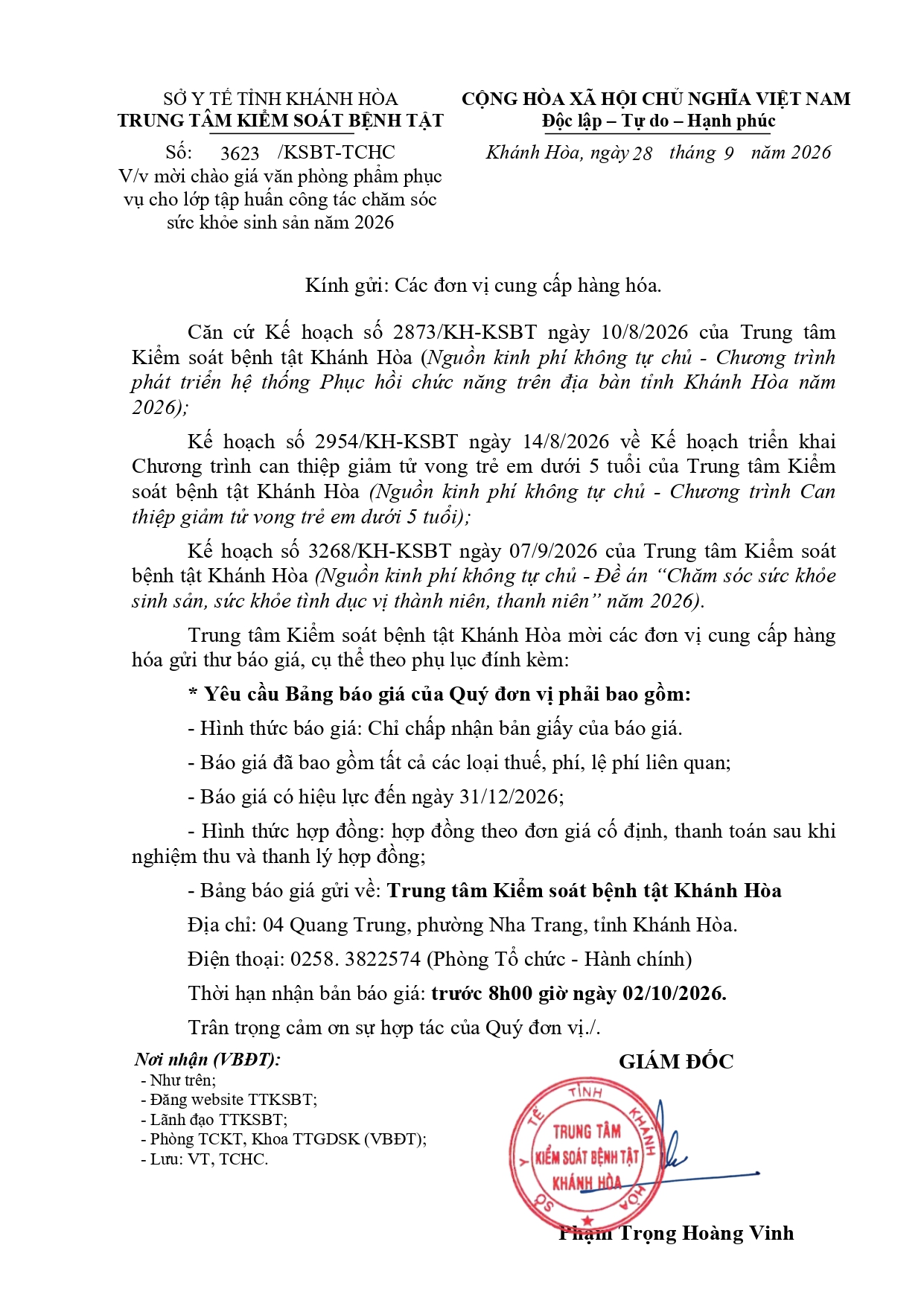 V/v mời chào giá văn phòng phẩm phục vụ cho lớp tập huấn công tác chăm sóc sức khỏe sinh sản năm 2026